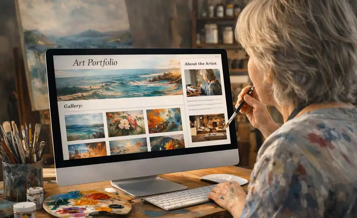 Artist designing a professional art portfolio website in a studio workspace with painting tools and computer